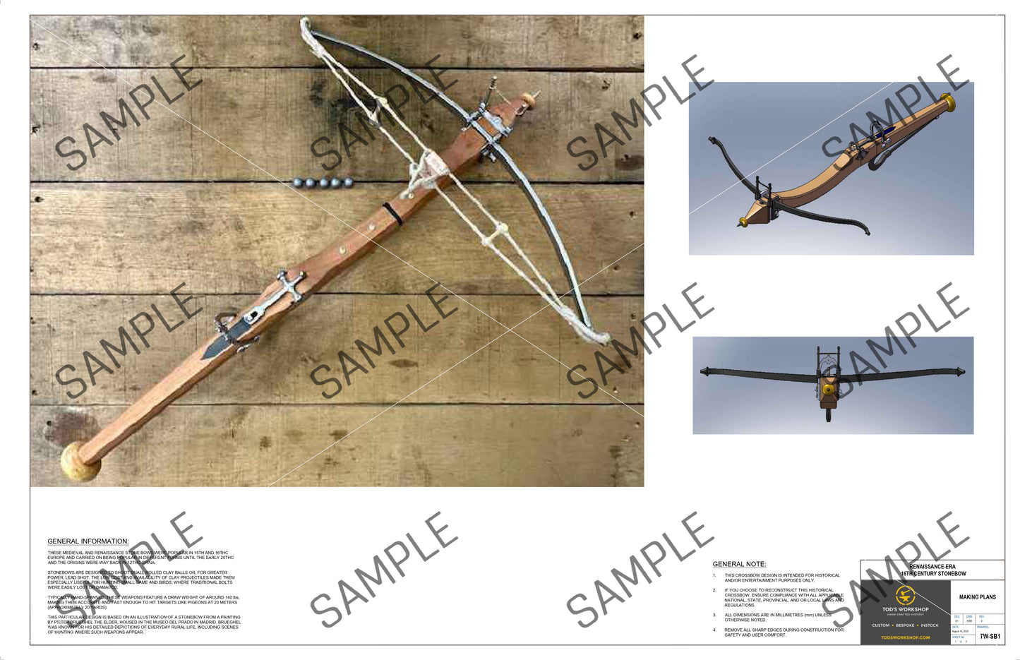 Wooden crossbow with metal components on a wooden surface, surrounded by smaller images of the crossbow.