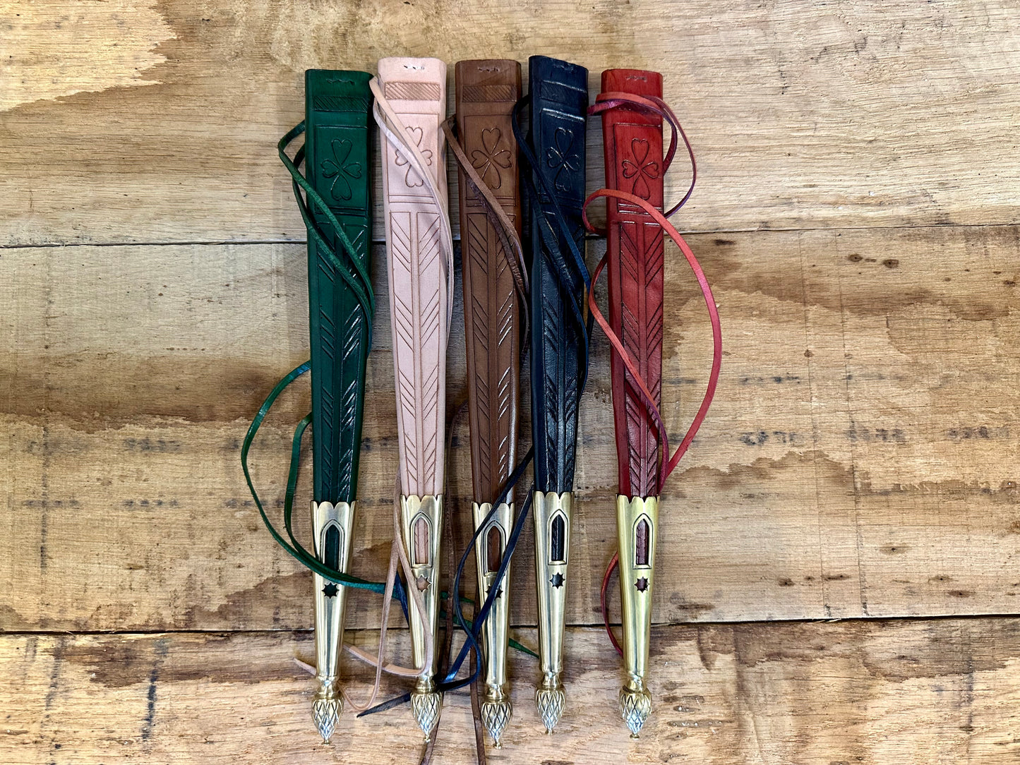 
                  
                    Tod Cutler English Rondel. Range of scabbards in red, green, black, brown and natural.
                  
                
