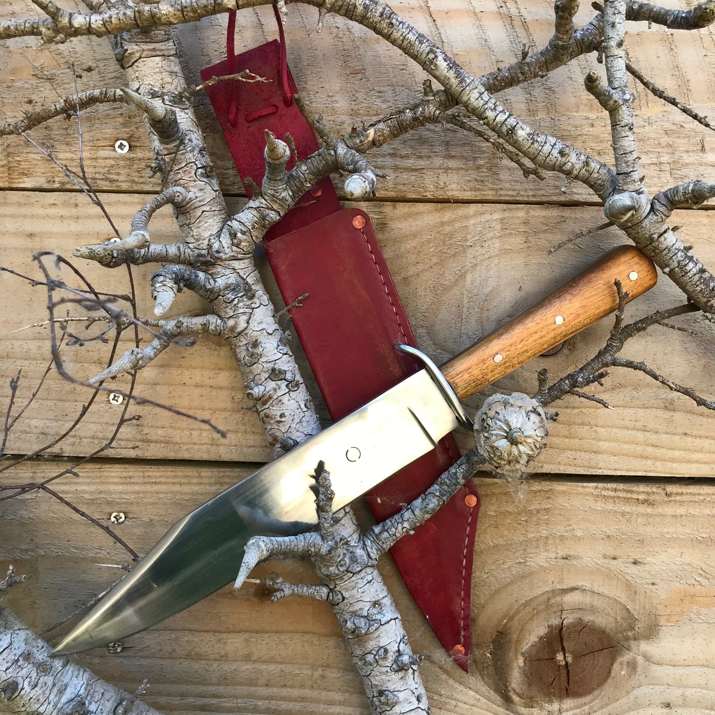 Tod Cutler Bowie knife in a tree with sheath