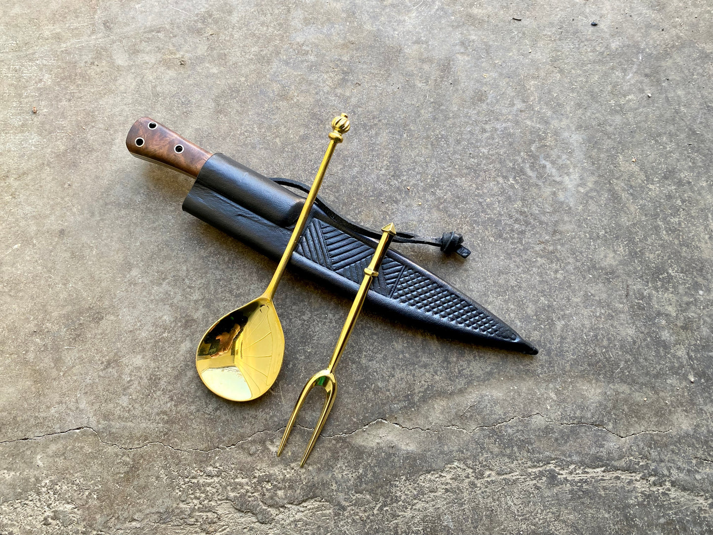 Tod Cutler eating knife (TCPA) and brass spoon and brass fork