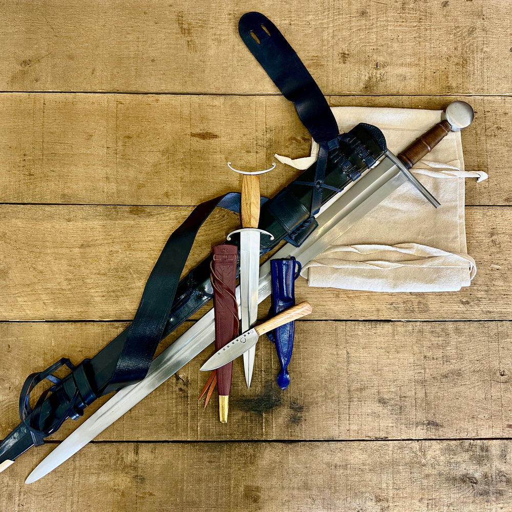 12th Century single-handed sword, 11-14th Century Antennae Dagger and 12-14th Century Peasants eating knife with sword bag (out of scabbards)