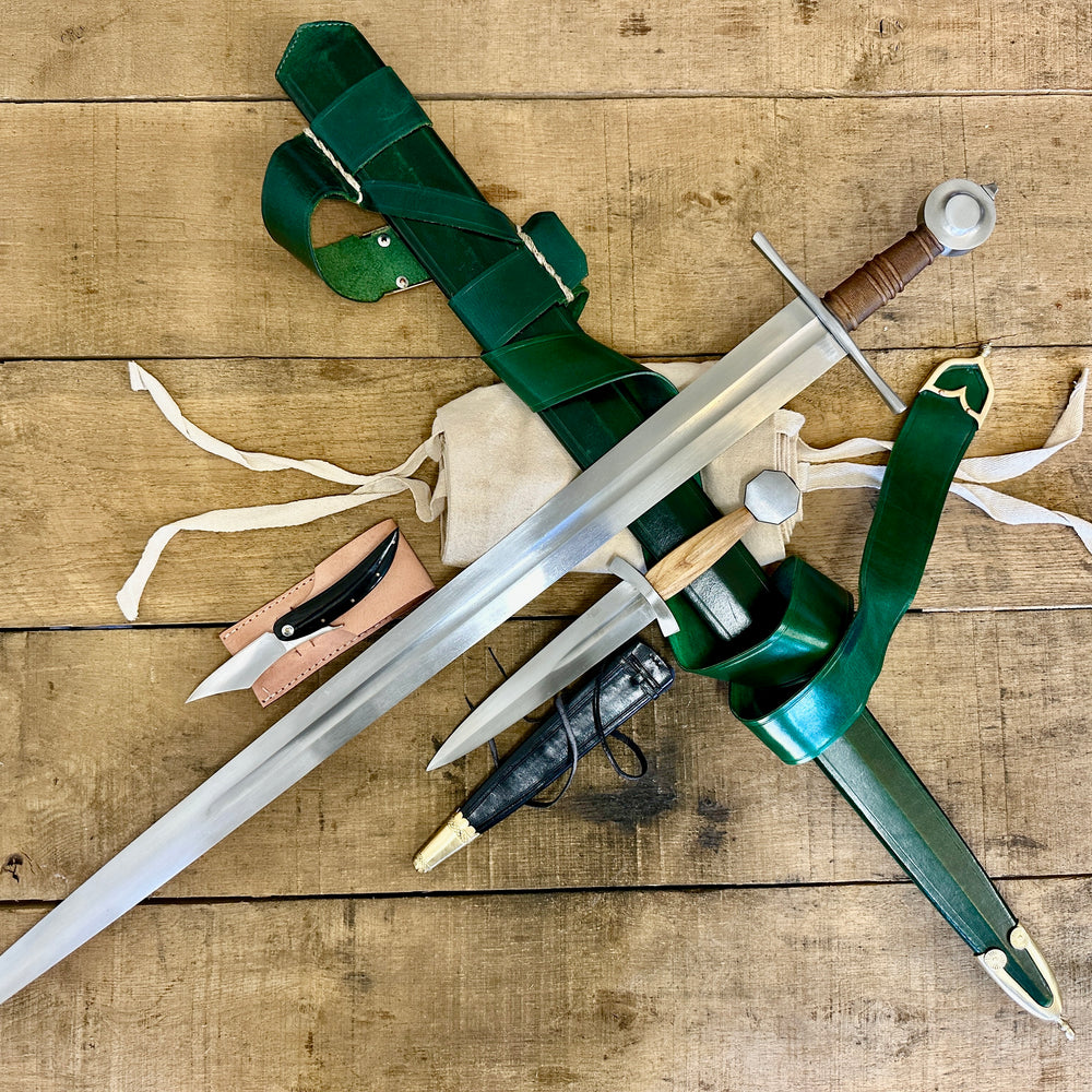 13 - 15th Century Single-handed sword, Late 13th Century Quillon Dagger, 13 - 15th Century Horn folding knife and sword bag (out of scabbards)