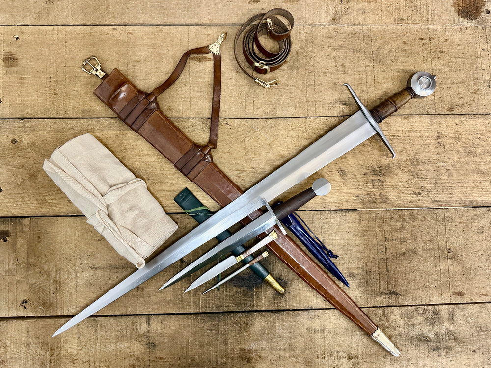 15thC Castillon Single handed sword, 12th-17th Quillon dagger and 15thC two piece eating set with sword bag (out of scabbards)