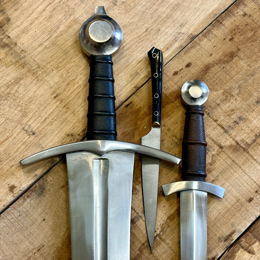 
                  
                    Medieval Arming Sword type XIV bundle with 14thC Quillon Dagger, horn handled eating knife
                  
                