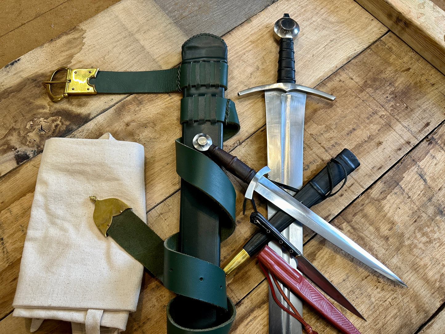 
                  
                    Medieval Arming Sword type XIV bundle with 14thC Quillon Dagger, horn handled eating knife
                  
                