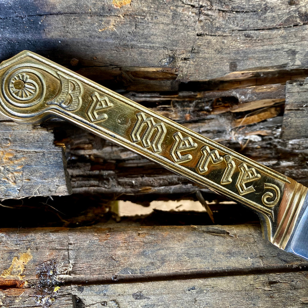 
                  
                    Medieval Brass Handled Eating knife 13th-16thC  'Be Merie' 'Domine'. TCP93
                  
                