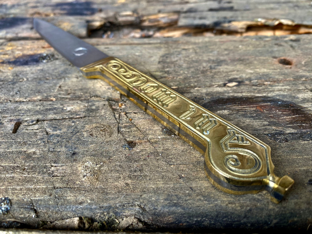 
                  
                    Medieval Brass Handled Eating knife 13th-16thC  'Be Merie' 'Domine'. TCP93
                  
                