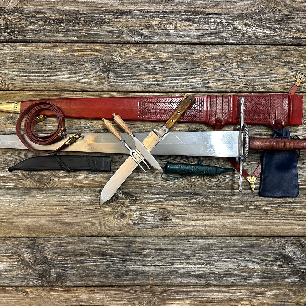 The Big Weapon Bundle. Sword, knife, eating set with sheathes and leather pouch. 