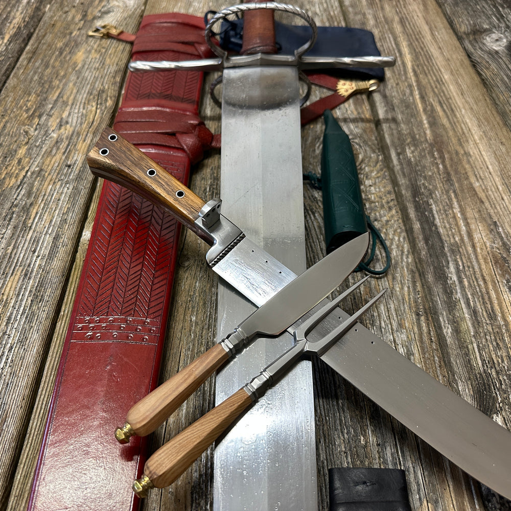 The Big Weapon Bundle. Sword, knife, eating set with sheathes and leather pouch. 