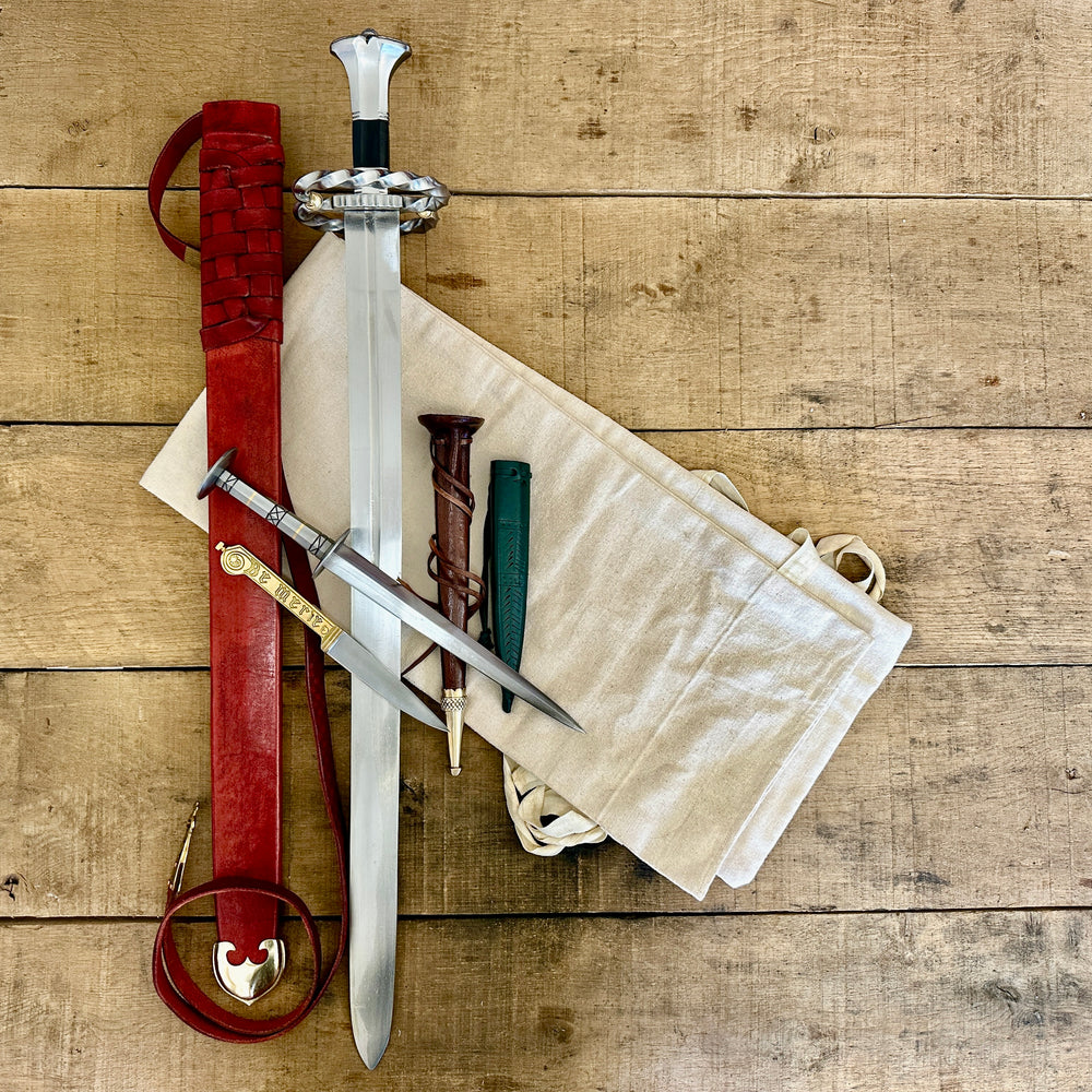 Katzbalger sword 1490 - 1540, 15th Century German Landsknecht steel Rondel, 13 - 16th Century decorated brass-handled eating knife and sword bag (out of scabbards)