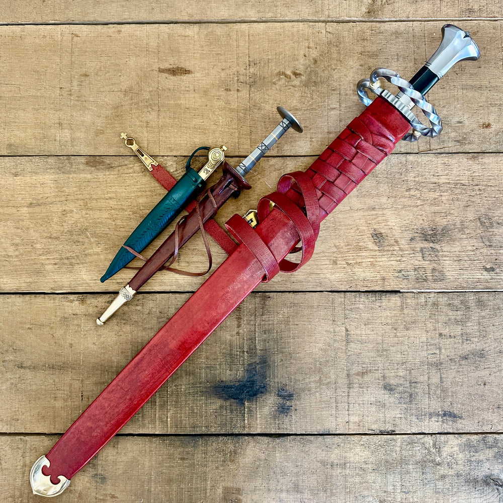 
                  
                    Katzbalger sword 1490 - 1540, 15th Century German Landsknecht steel Rondel, 13 - 16th Century decorated brass-handled eating knife (in scabbards)
                  
                