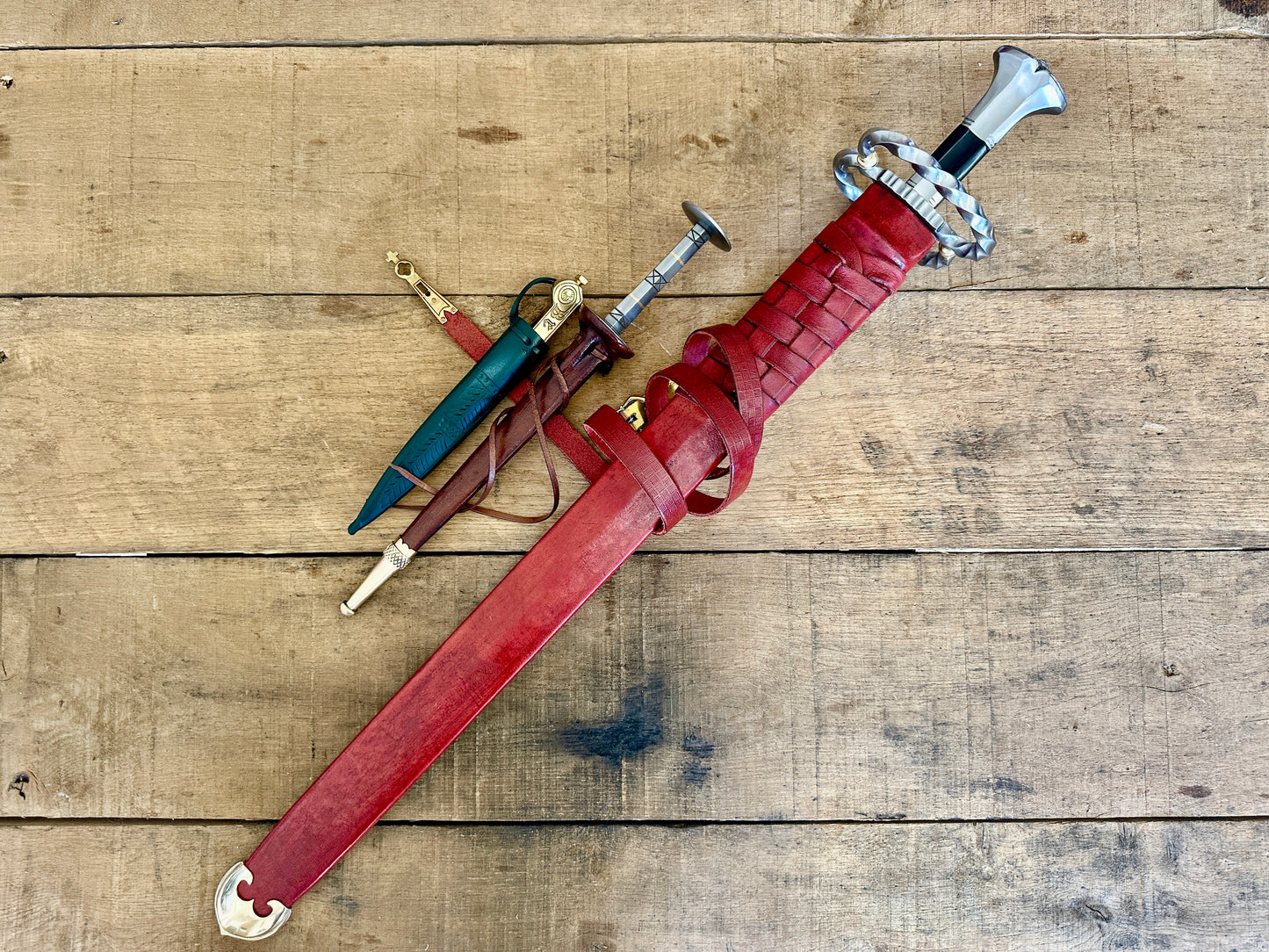 
                  
                    Katzbalger sword 1490 - 1540, 15th Century German Landsknecht steel Rondel, 13 - 16th Century decorated brass-handled eating knife (in scabbards)
                  
                