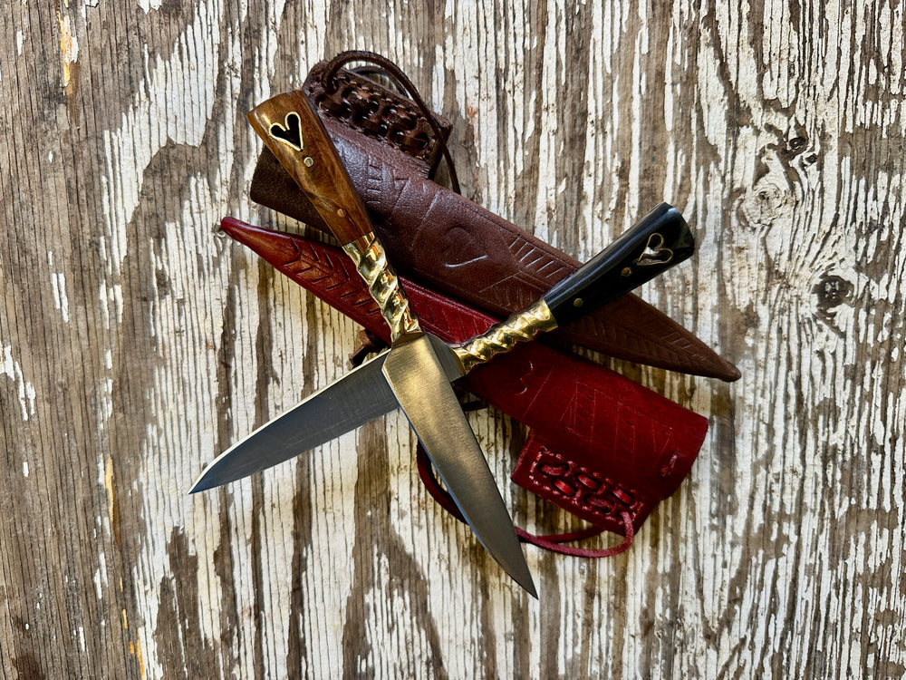 Lovers Bundle. Wooden heart knife and horn heart knife and two sheathes