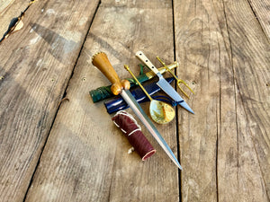 
                  
                    Tod Cutler My Lady's Bundle with purse bollock dagger, tcp, brass spoon and fork,, leather needle case
                  
                