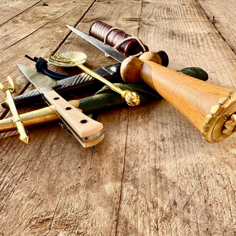 
                  
                    Tod Cutler My Lady's Bundle with purse bollock dagger, tcp, brass spoon and fork,, leather needle case
                  
                