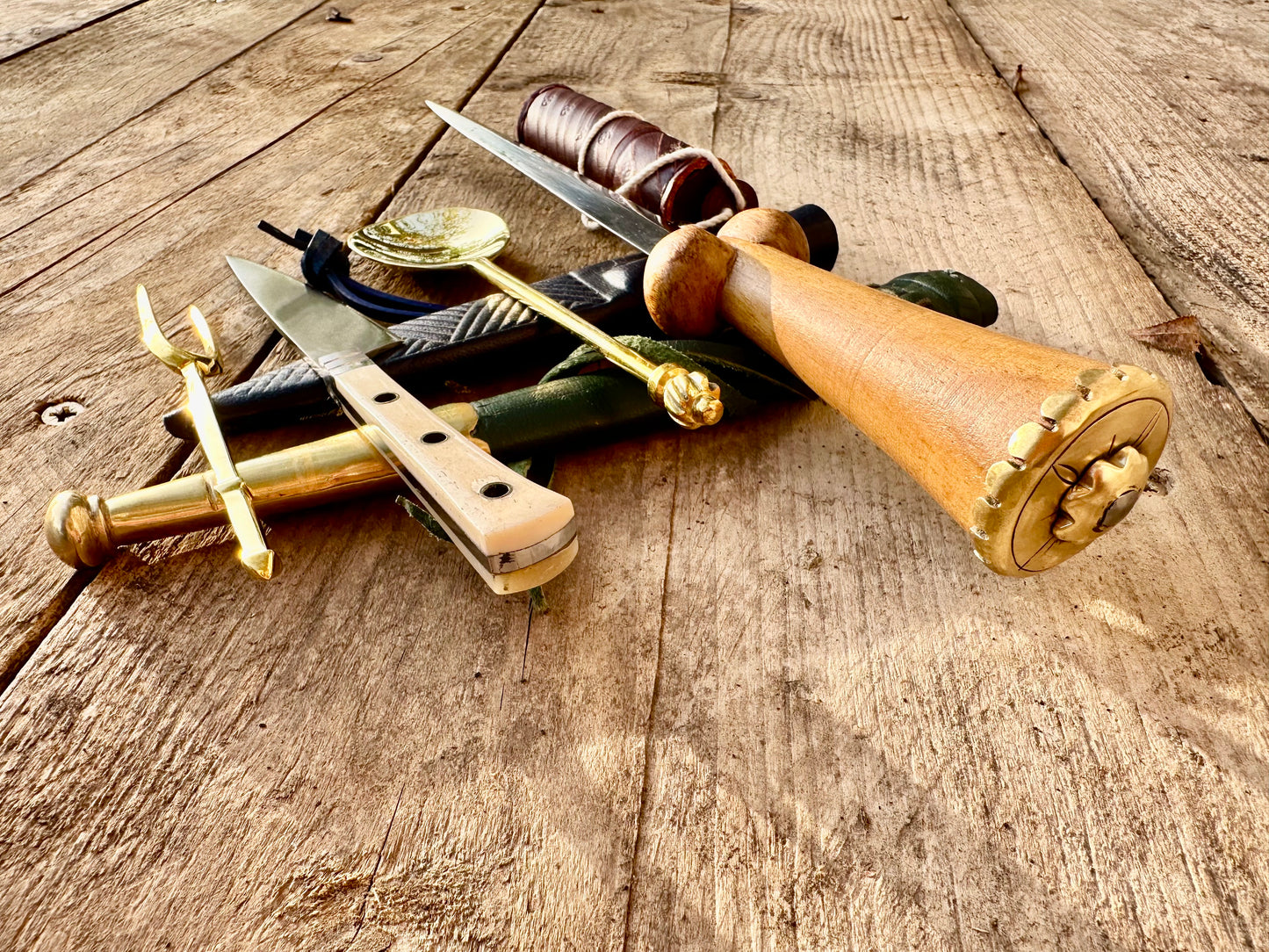 
                  
                    Tod Cutler My Lady's Bundle with purse bollock dagger, tcp, brass spoon and fork,, leather needle case
                  
                