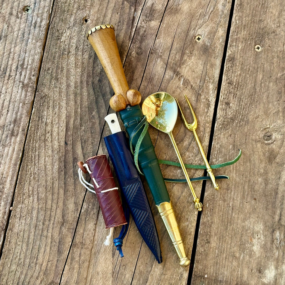 
                  
                    Tod Cutler My Lady's Bundle with purse bollock dagger, tcp, brass spoon and fork,, leather needle case
                  
                