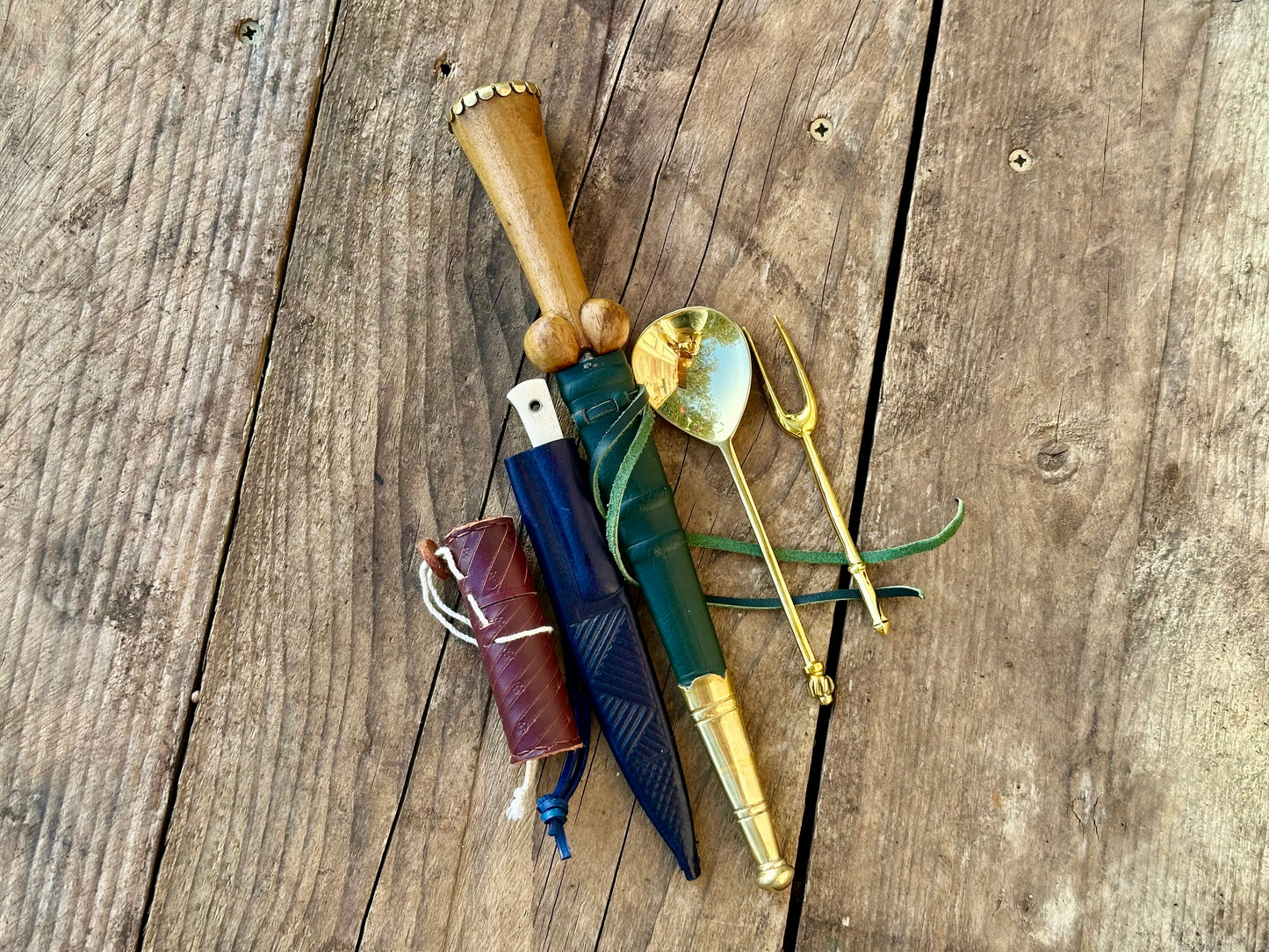 Tod Cutler My Lady's Bundle with purse bollock dagger, tcp, brass spoon and fork,, leather needle case