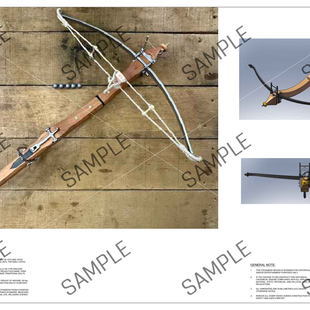 Wooden crossbow with metal components on a wooden surface, surrounded by smaller images of the crossbow.