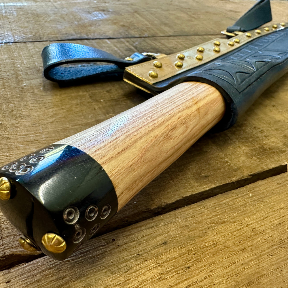 
                  
                    Decorated Anglo Saxon/Viking knife in a scabbard, top view down.
                  
                