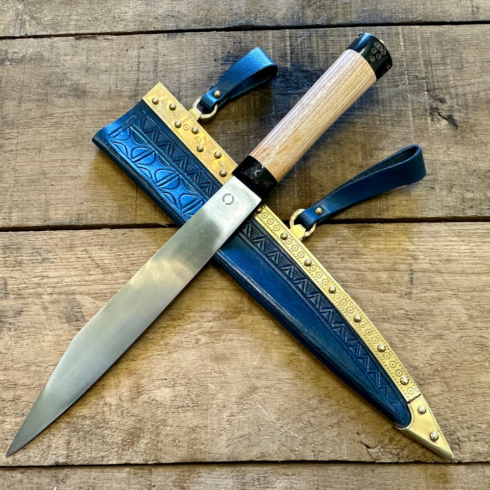 
                  
                    Decorated Anglo Saxon/Viking knife with a blue scabbard
                  
                