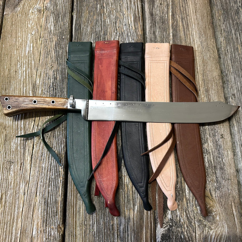 Medieval Bauernwehr 14th-16thC resting on green, red, black, natural and brown scabbards.