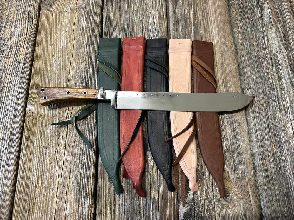 Medieval Bauernwehr 14th-16thC resting on green, red, black, natural and brown scabbards.