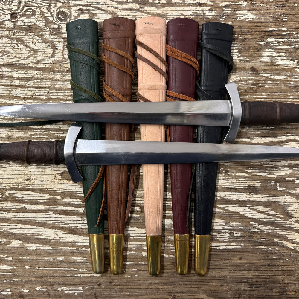 14thC Quillon Dagger on green, brown, natural, red and black scabbards