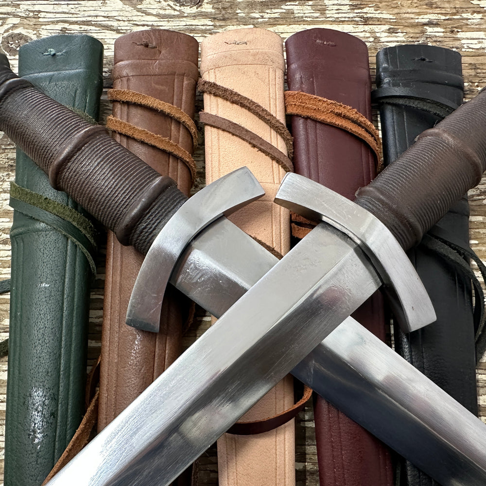 14thC Quillon Dagger on green, brown, natural, red and black scabbards