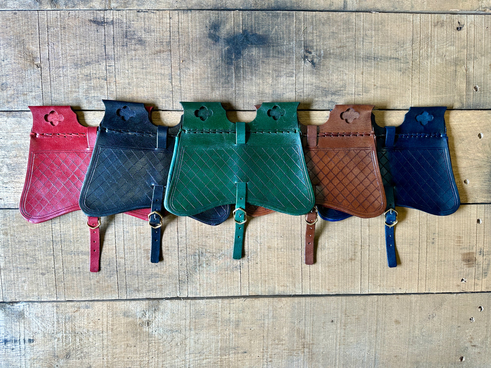 Large Block pouches in red, black, green, brown and dark blue