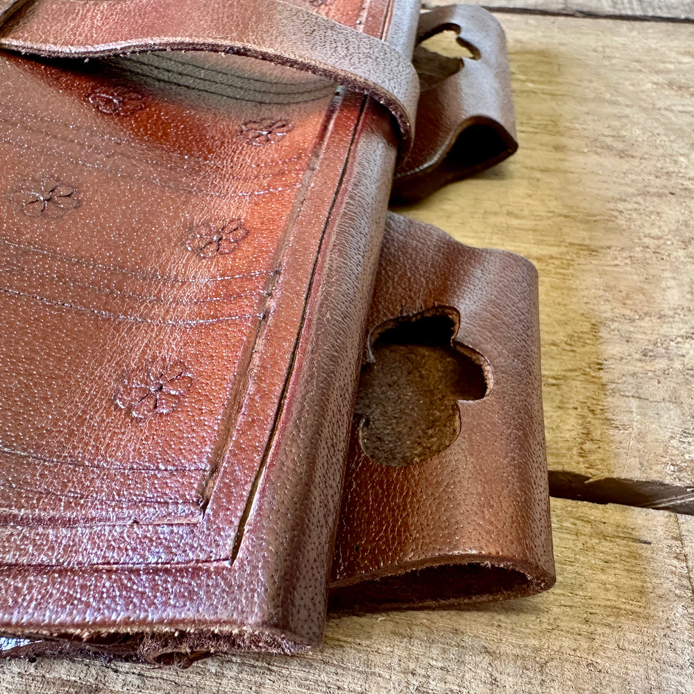 
                  
                    14th-16thC Bollock pouch with decoration and gusset. Close up of belt loops. 
                  
                