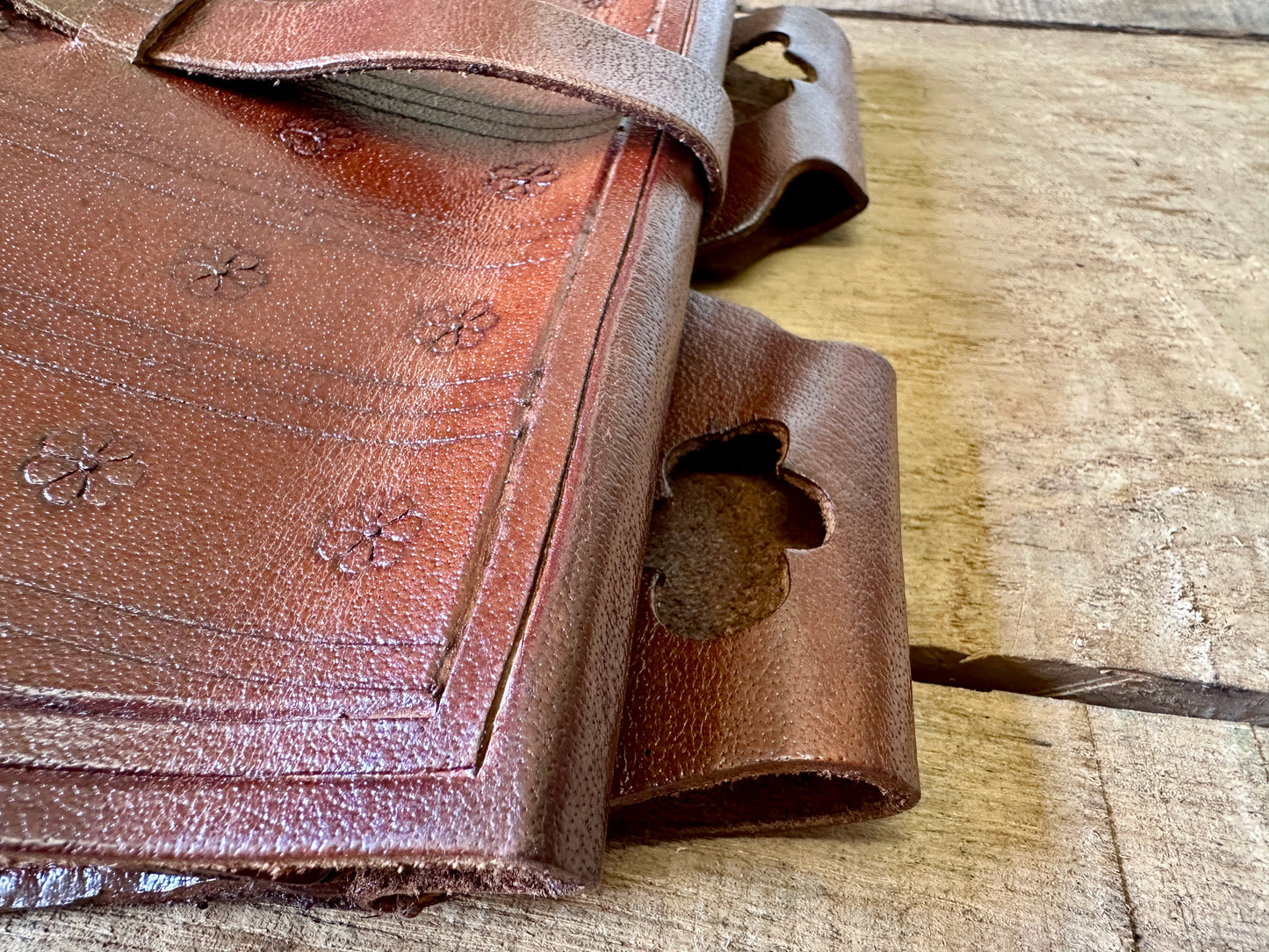 
                  
                    14th-16thC Bollock pouch with decoration and gusset. Close up of belt loops. 
                  
                