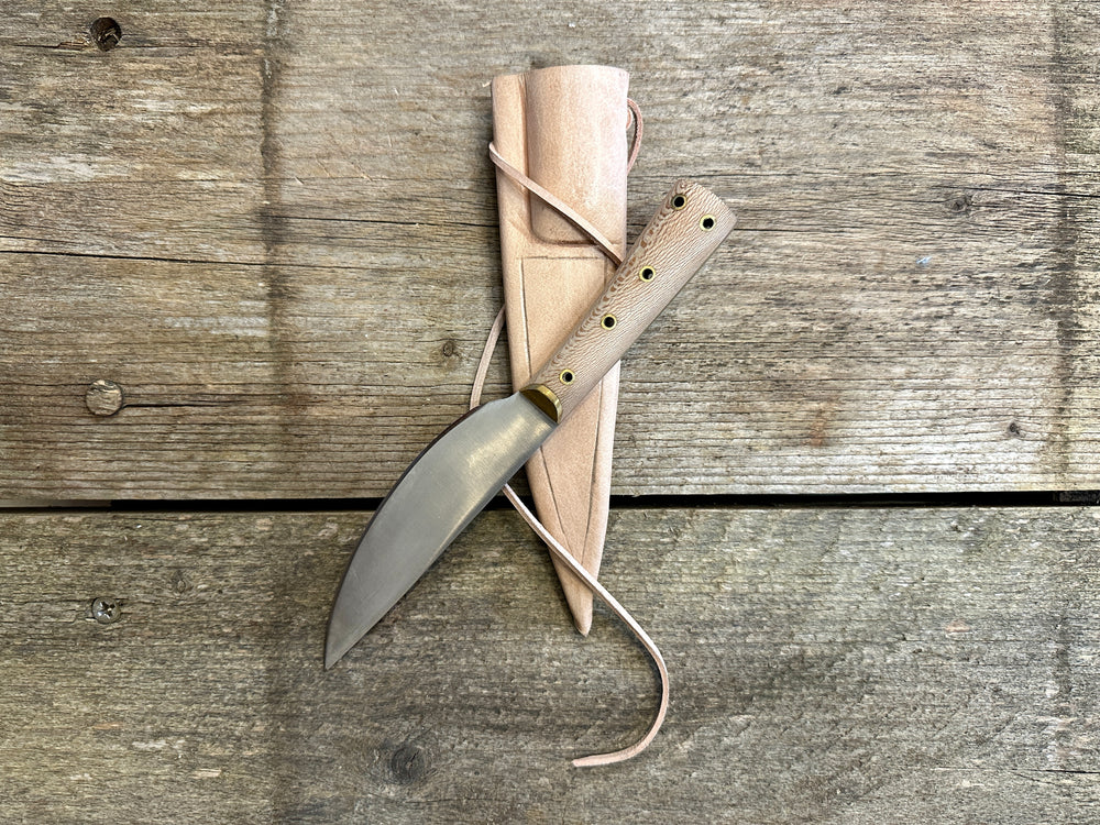 Small cooks knife on natural leather scabbard