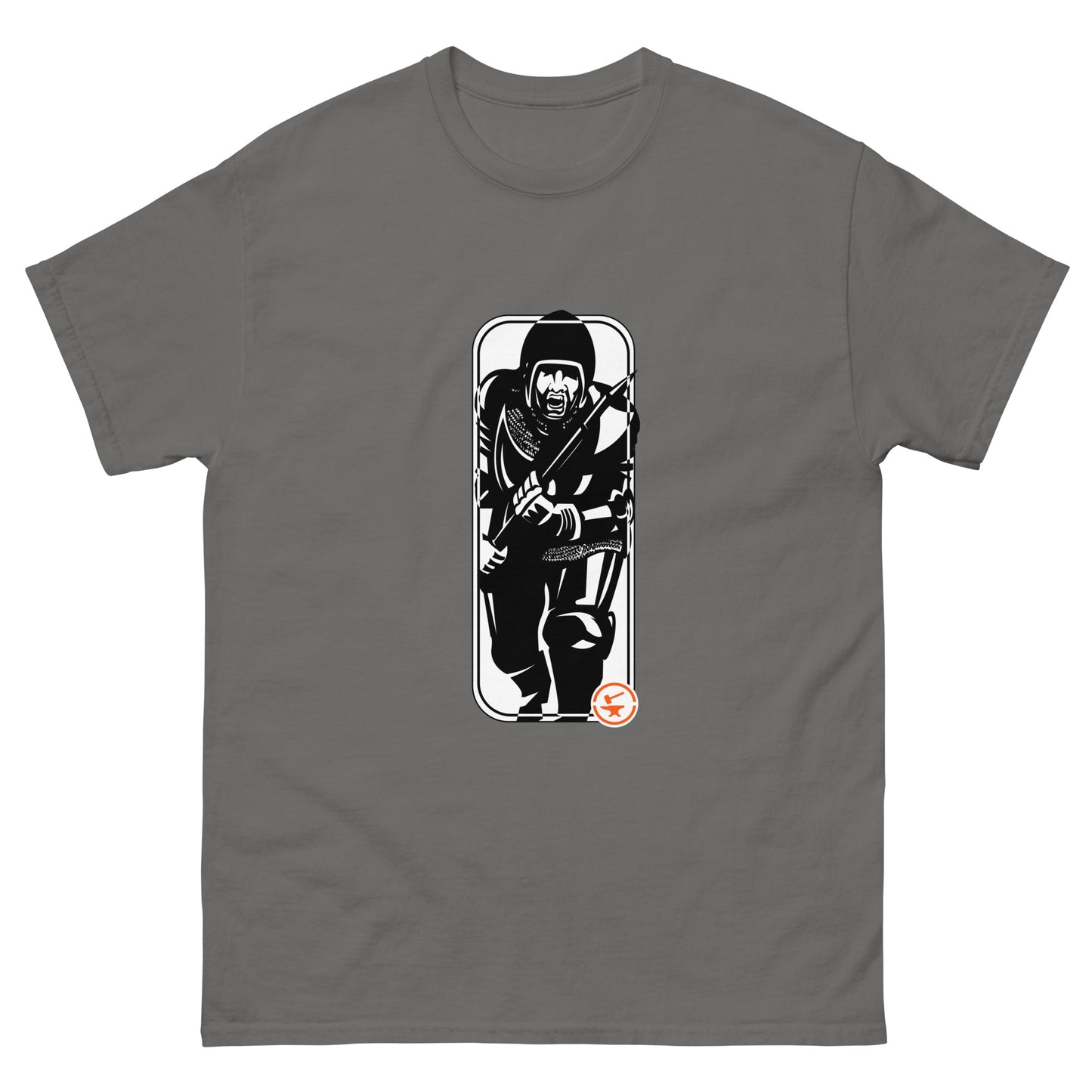 
                  
                    Running Man at Arms Target white background  - Tod Cutler T Shirt
                  
                