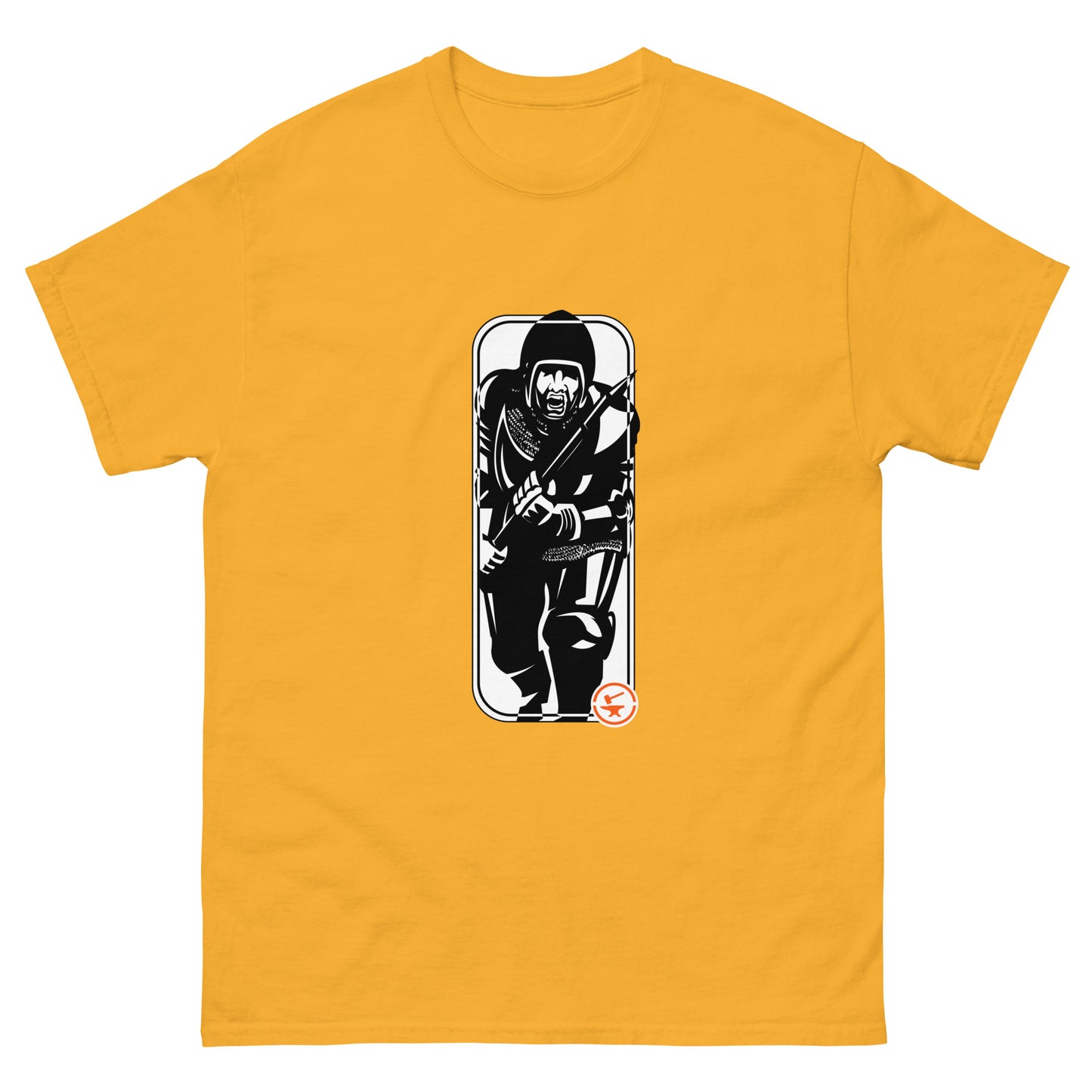 
                  
                    Running Man at Arms Target white background  - Tod Cutler T Shirt
                  
                