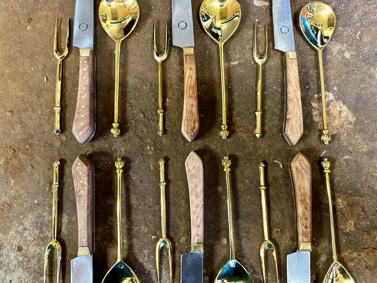 
                  
                    Dinner party feasting set #2 with brass forks and spoons 
                  
                