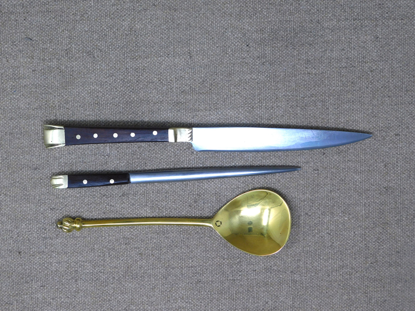 
                  
                    15thC eating set with knife, pricker and spoon by Tod Cutler 
                  
                