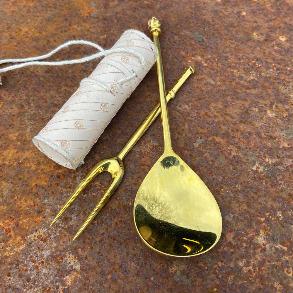 
                  
                    Tod Cutler leather needle case, brass two tine fork and brass spoon
                  
                