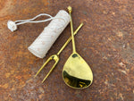 Tod Cutler leather needle case, brass two tine fork and brass spoon