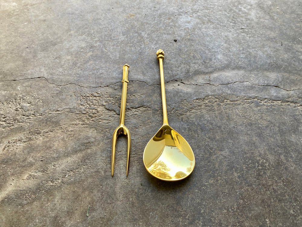 Tod Cutler brass spoon and two tine fork bundle 