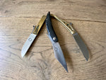 Set of three Tod Cutler folding knives in brass and horn. TCP64, TCP65 and TCP66
