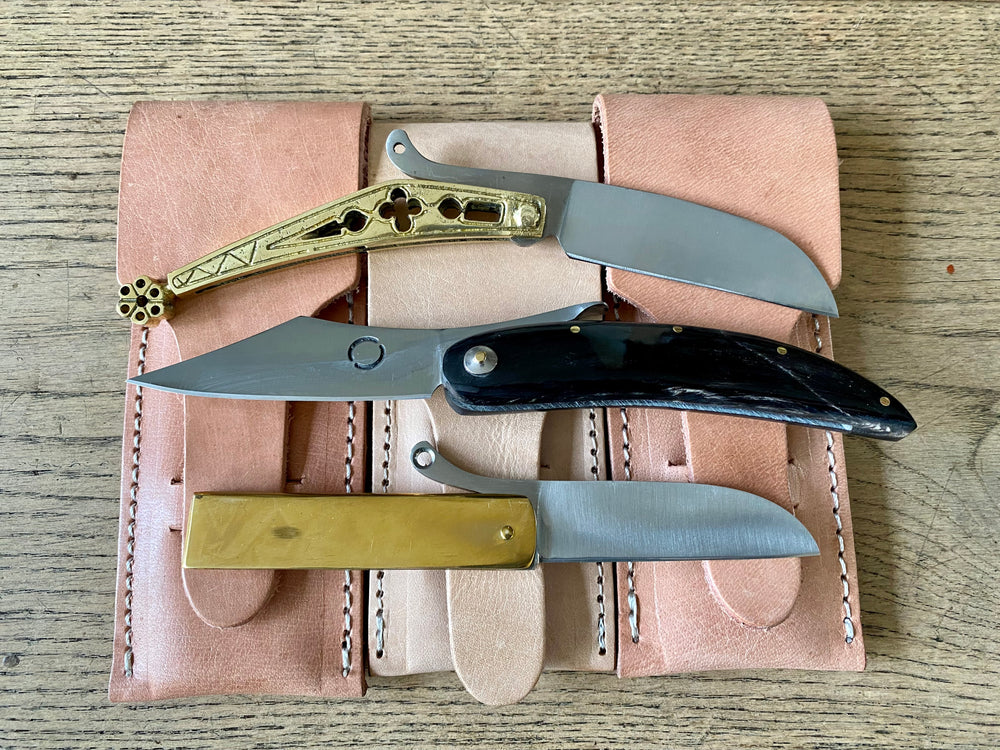 Set of three Tod Cutler folding knives in brass and horn. TCP64, TCP65 and TCP66