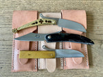 Set of three Tod Cutler folding knives in brass and horn. TCP64, TCP65 and TCP66